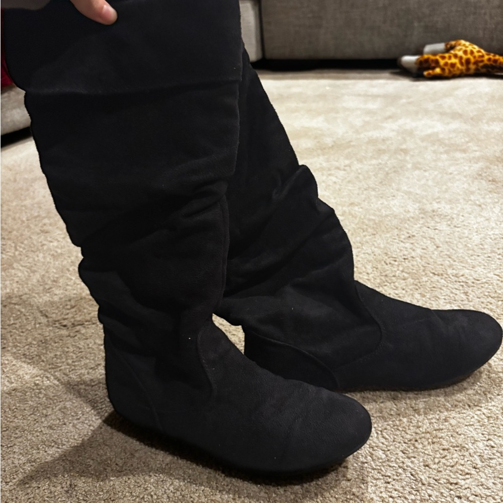 Ruching black knee high boots